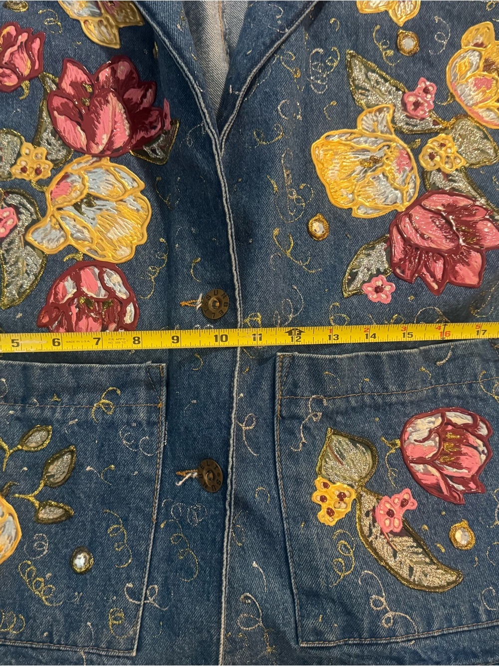 Vintage Sunbelt Custom Hand Puff Painted Floral Denim Jacket Wearable Art - Picture 16 of 17